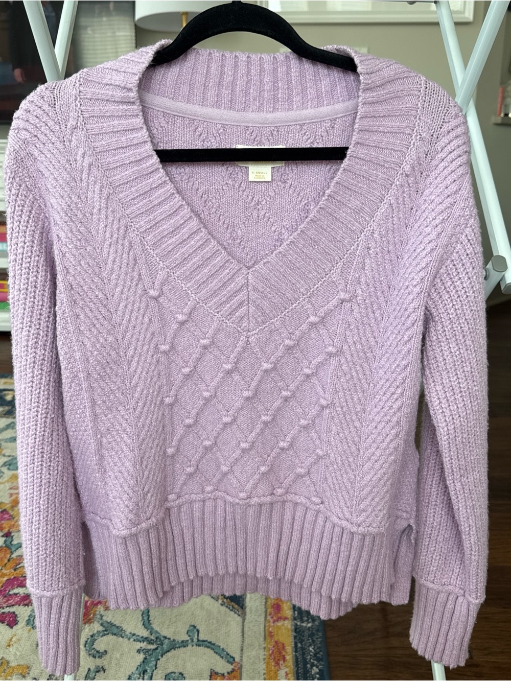 Anthropologie Lavender V-Neck Cable & Bobble Knit Sweater